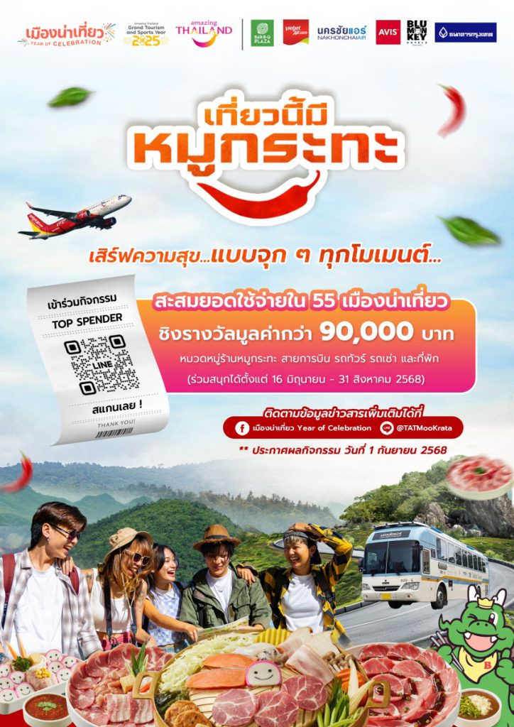 สายปิ้งย่างเตรียมตัว! ททท. ชวนตะลุยกินทั่ว 55 เมืองน่าเที่ยว กับแคมเปญ ‘เที่ยวนี้มีหมูกระทะ’ รวมร้านเด็ด ร้านดัง เสิร์ฟความอร่อยแบบจุกๆ พร้อมกิจกรรม Top Spender ยิ่งกิน ยิ่งเที่ยว ยิ่งสะสมยอด ยิ่งลุ้นรางวัลสุดพิเศษ!